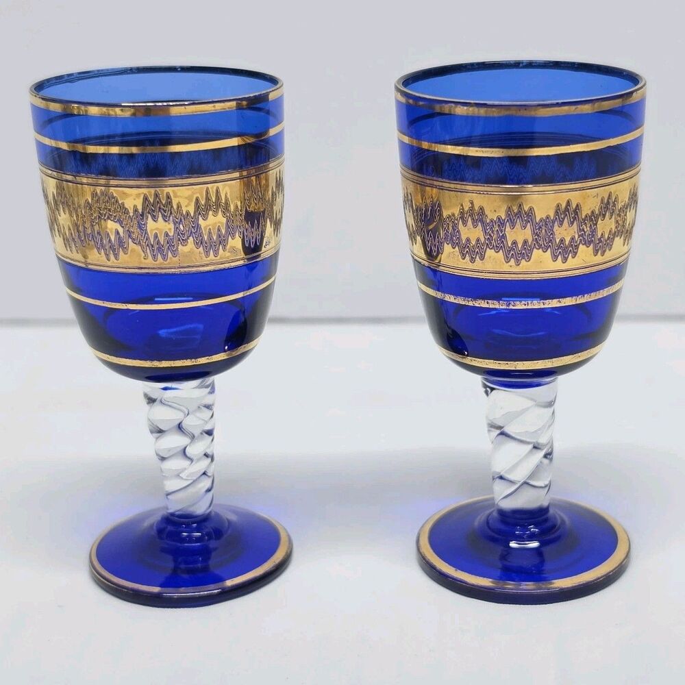 Murano Venetian Quilted Sapphire Blue and Gold Flecks Liquor Cordial Glass Set